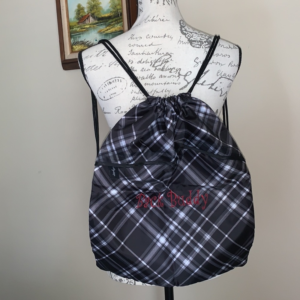 Fitness gym bag, cinch bag. Nice black flannel, embroidered letters “Back Buddy”